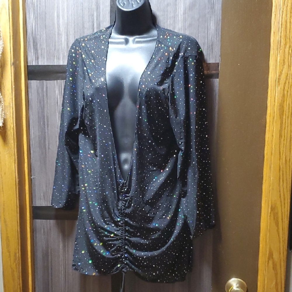 Black Ruched Deep V Long Sleeve Top with Iridescent Dots